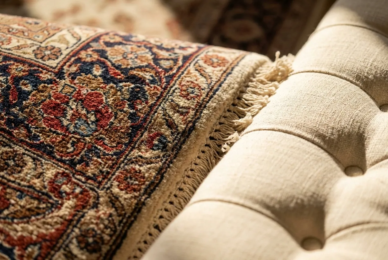 Close-up of the wool pile and weave on a Persian rug