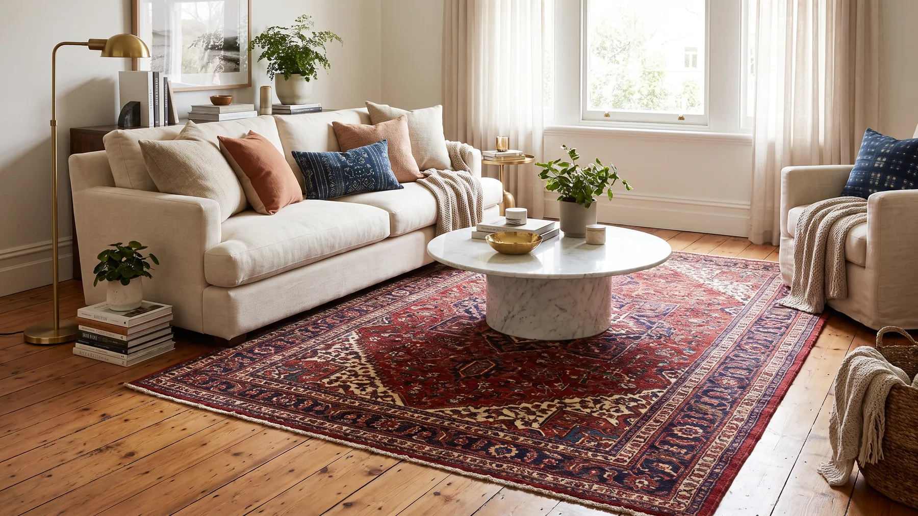 A styled living room with a velvet sofa, Persian rug and marble coffee table