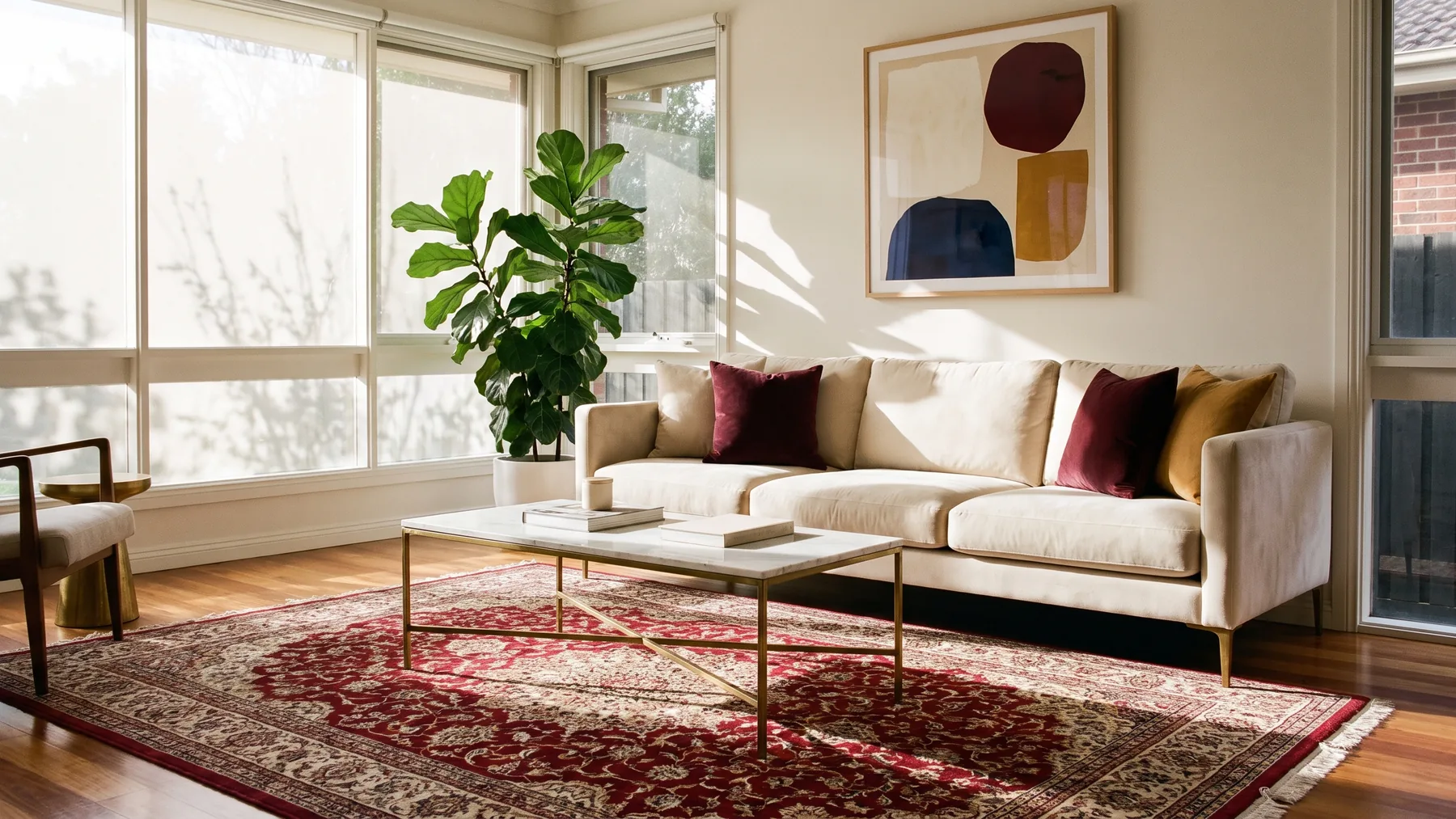 A styled living room with a velvet sofa, Persian rug and marble coffee table