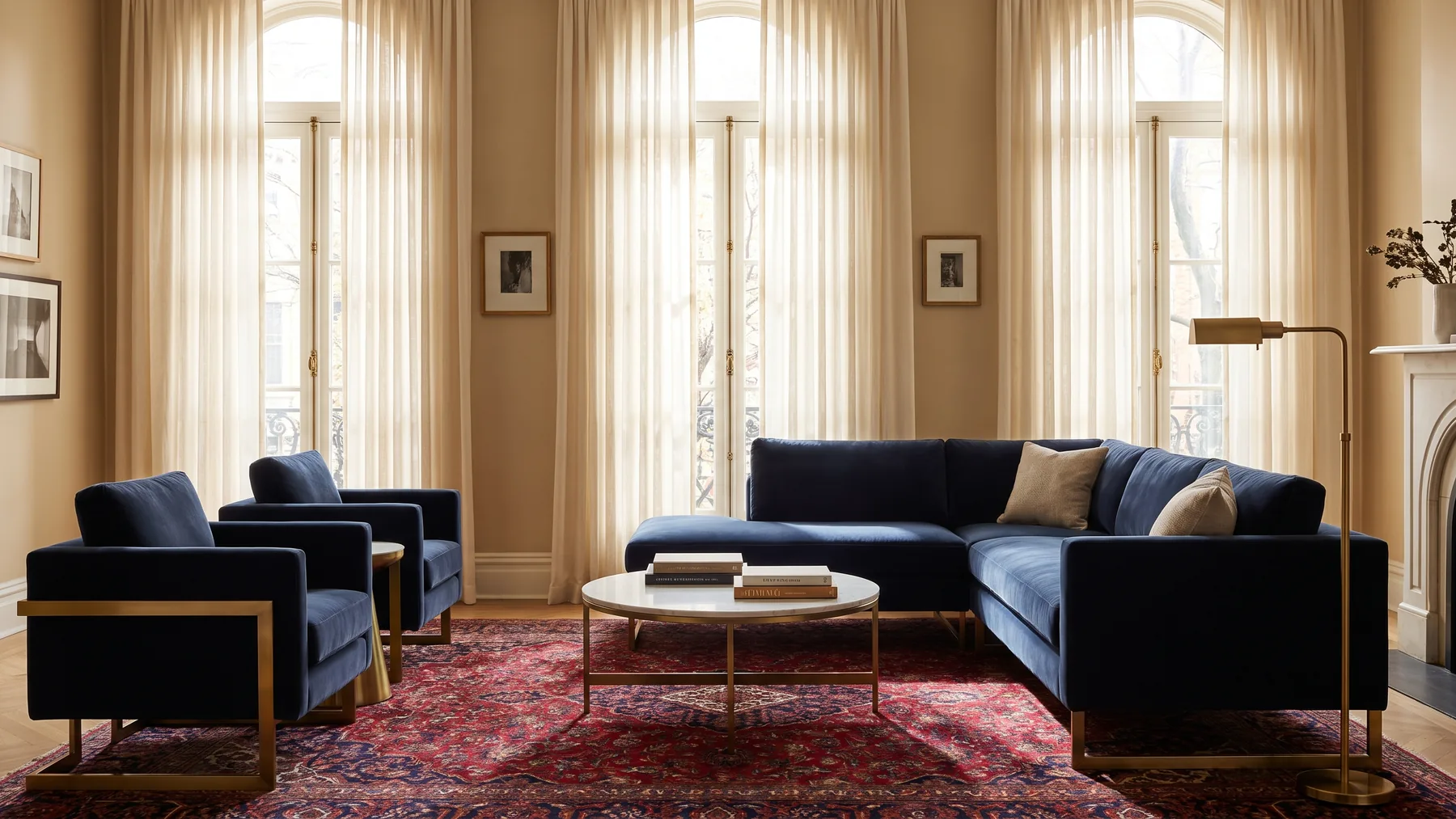 A styled living room — indigo velvet lounge, Persian rug and a marble table