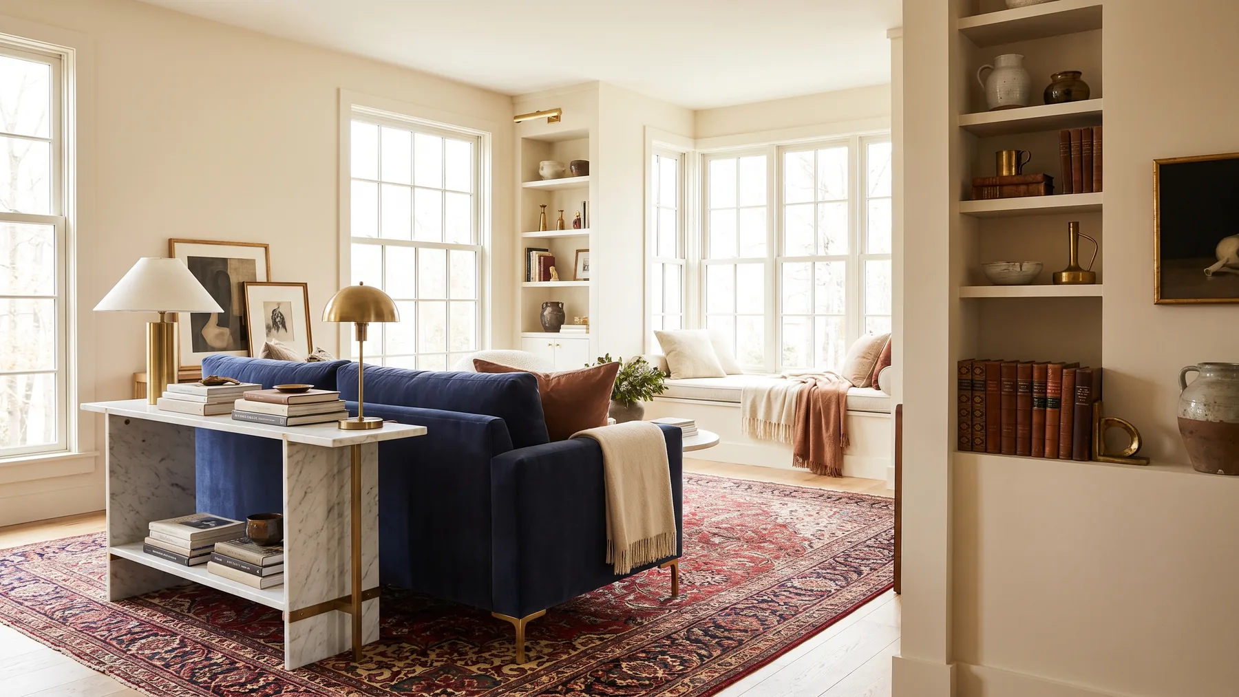 A styled room with a rug, sofa and marble table