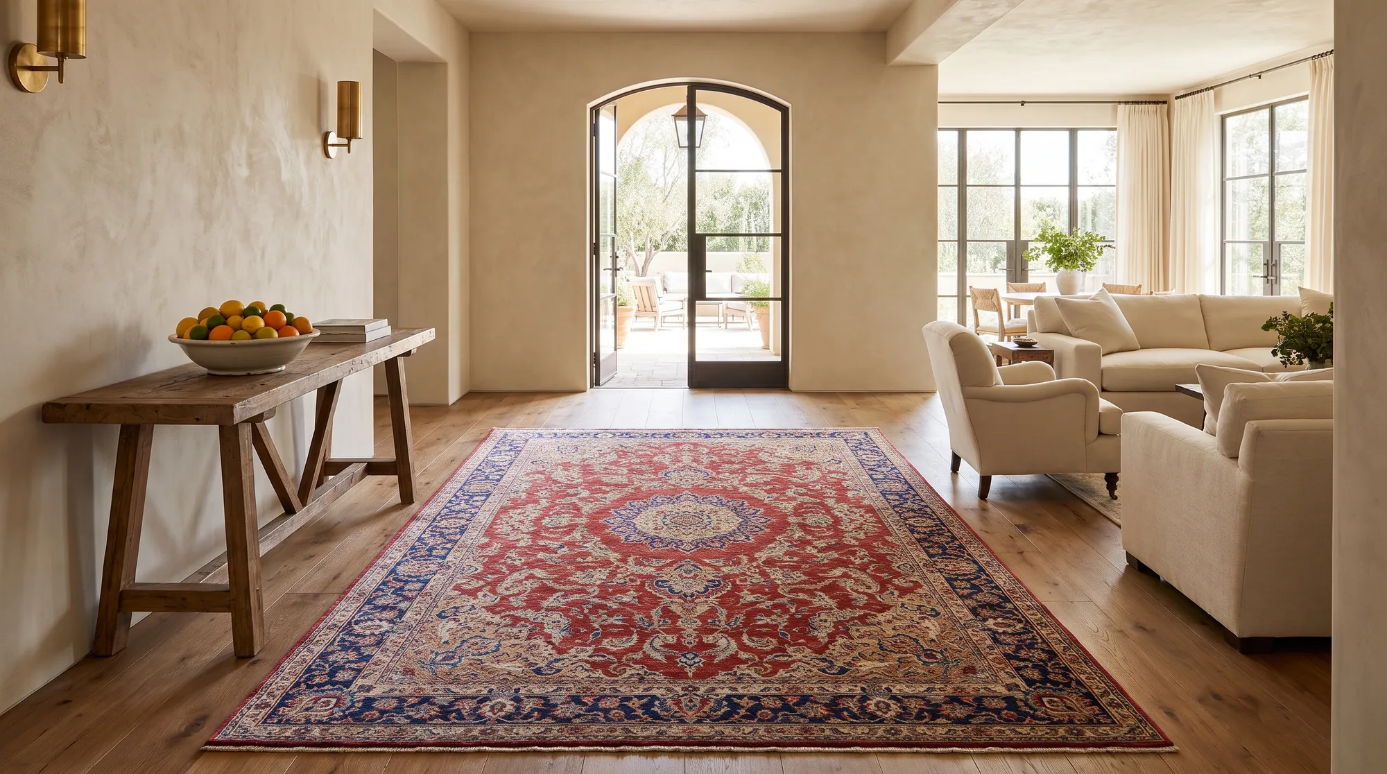 A large Persian rug anchoring a furnished living room