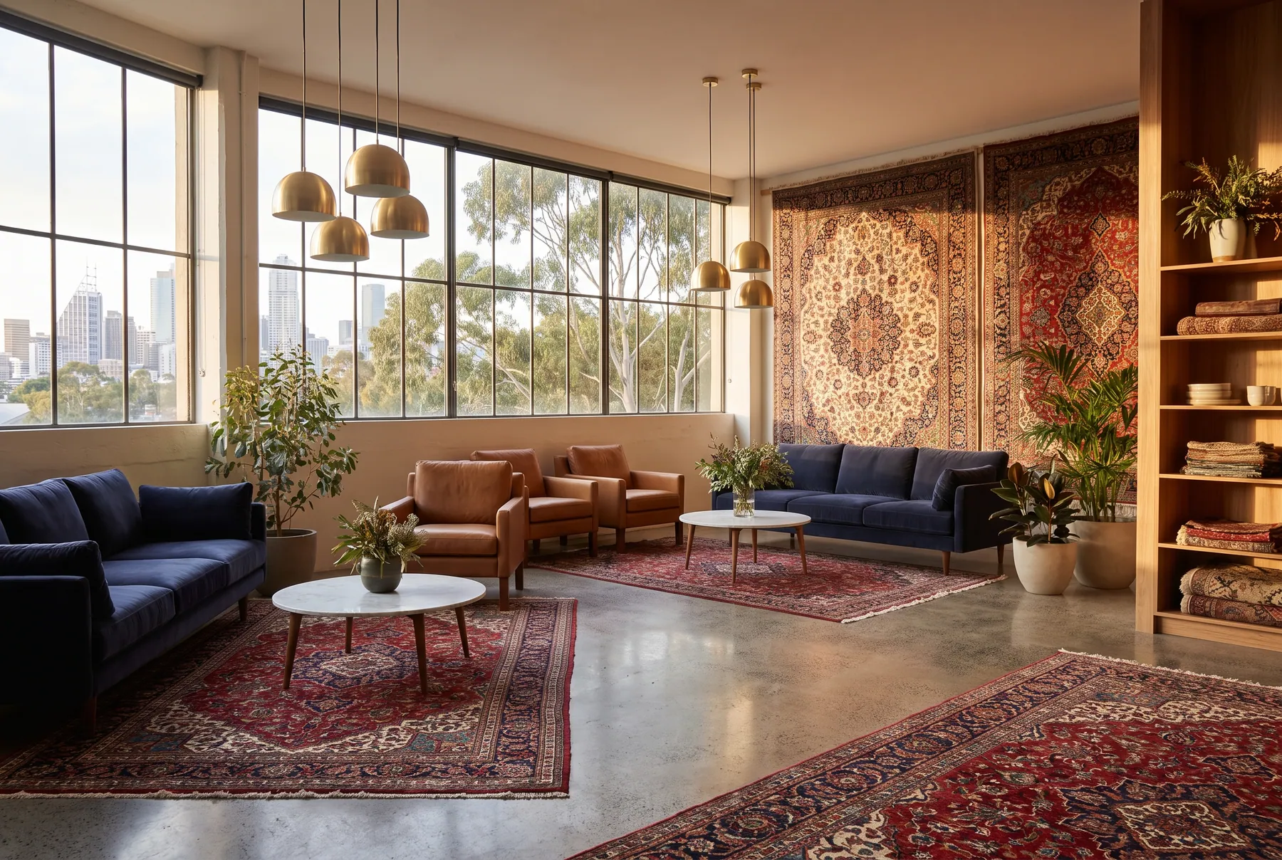 Inside the Modern Rugs & Furniture showroom in Underwood, Brisbane — Persian rugs, velvet sofas and marble tables