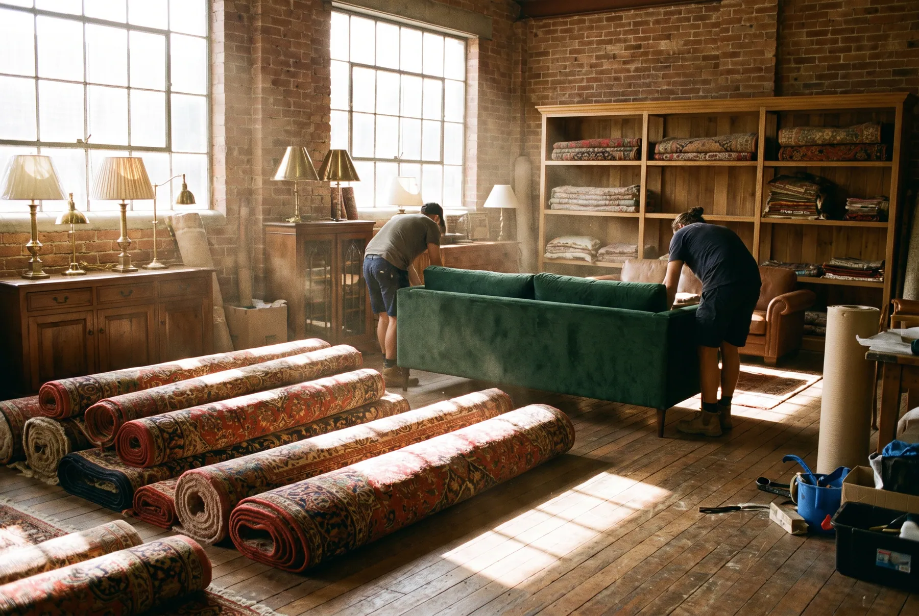 A new shipment of rugs and sofas arriving at the Underwood showroom