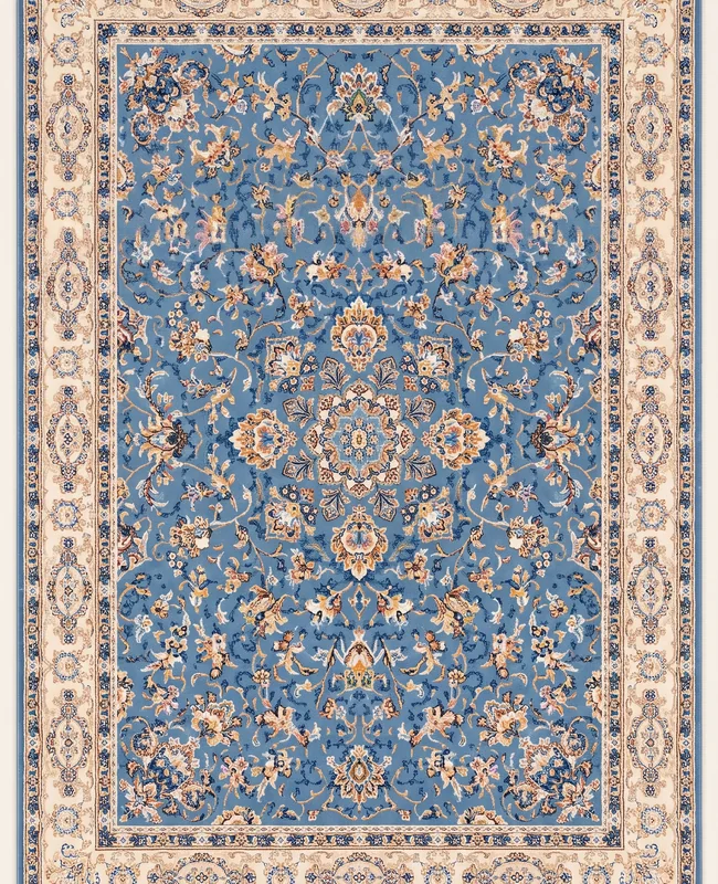 A traditional floral rug with a central medallion and a wide, finely detailed border.