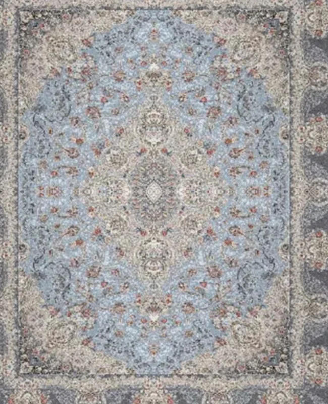 A pale traditional rug with a central medallion and floral detailing in a light, airy colour palette.