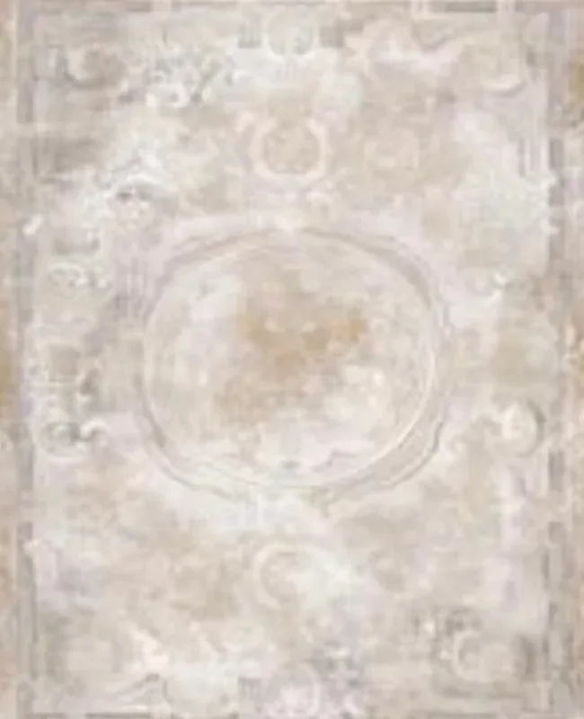 A muted rug with a soft central medallion and a restrained border in balanced, low-key colours.