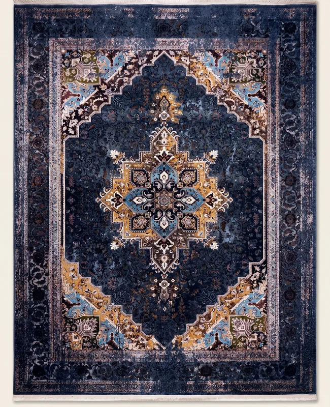 A dark-toned traditional Persian rug with a bold central medallion, ornate detailing and layered borders.