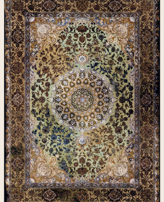 Green and cream traditional rug with a central medallion surrounded by floral detailing.