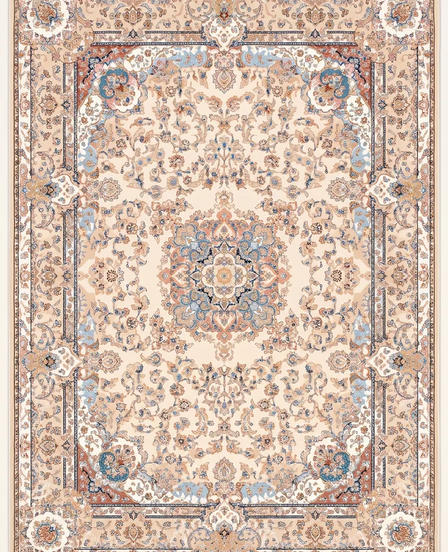 A traditional rug with a symmetrical floral medallion at the centre surrounded by fine patterning and a framed border.