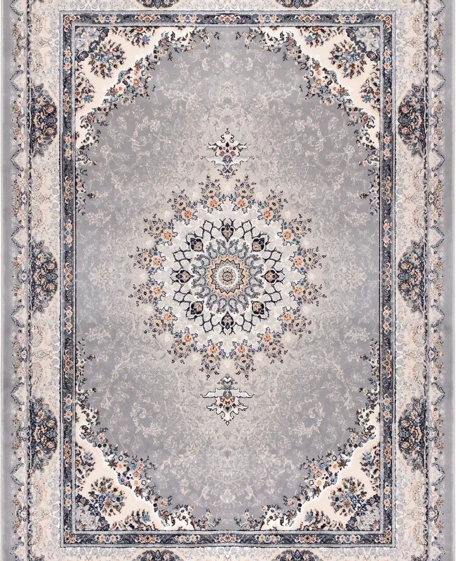 Neutral silver-grey rug with a delicate central medallion, floral accents, and layered borders.