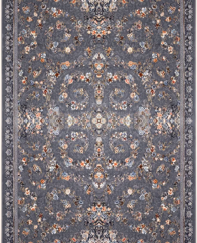 Muted grey traditional rug with a symmetrical all-over floral pattern.