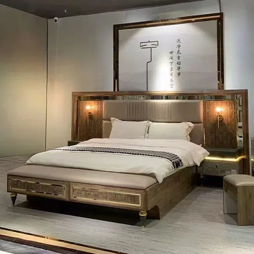 Wooden bed frame with detailed carving on the headboard, shown in a warm timber finish.