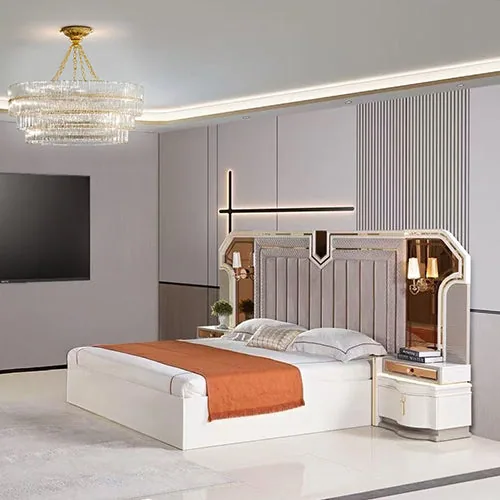 Modern upholstered bed with a tall vertical-panelled headboard glowing softly from built-in lighting.