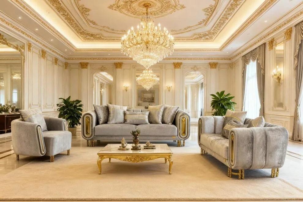 A silver-toned upholstered sofa set with gold-accented frames arranged in a formal living room.