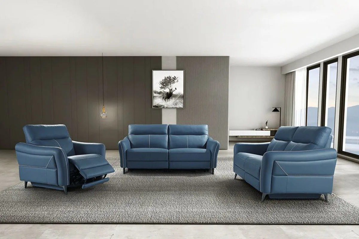 A blue fabric recliner sofa set with a reclining chair in a relaxed living room.