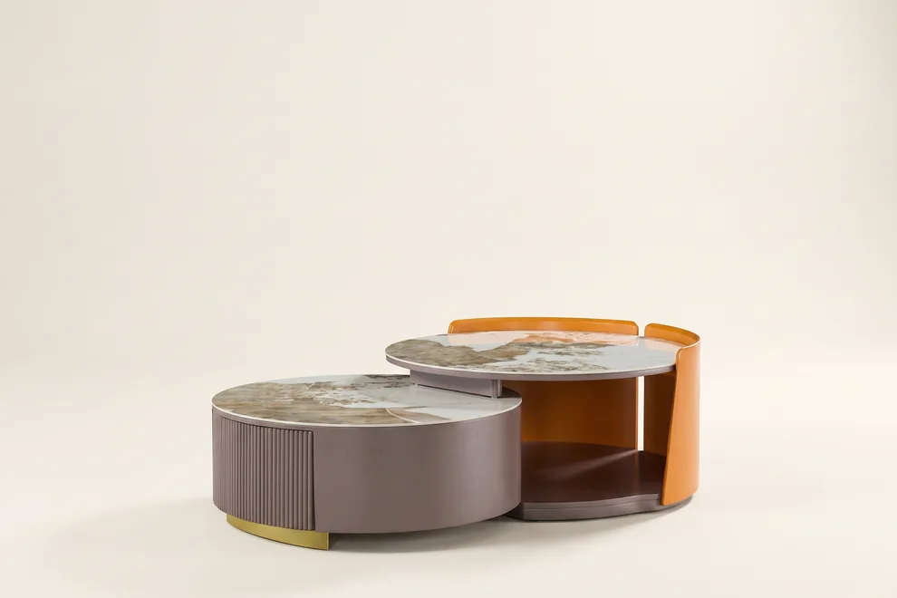 Low minimalist centre table with a slim metal frame and a smooth flat top.