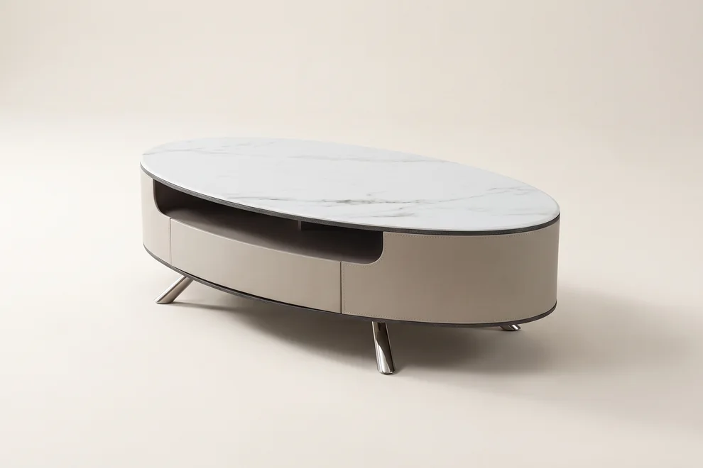 Oval marble-topped coffee table with a curved storage base and slim metal legs.